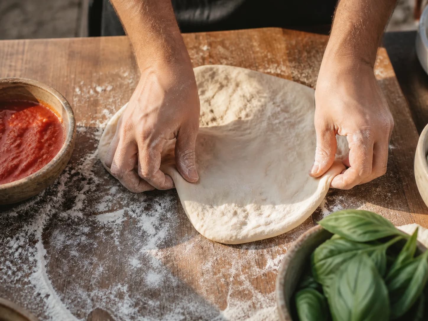 Pizzateig wird von Hand ausgezogen